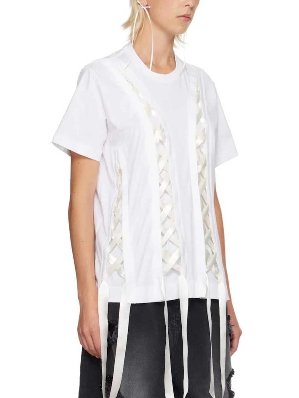 Simone Rocha White Ribbon-Trim Short Sleeve Top - Picture 3 of 4